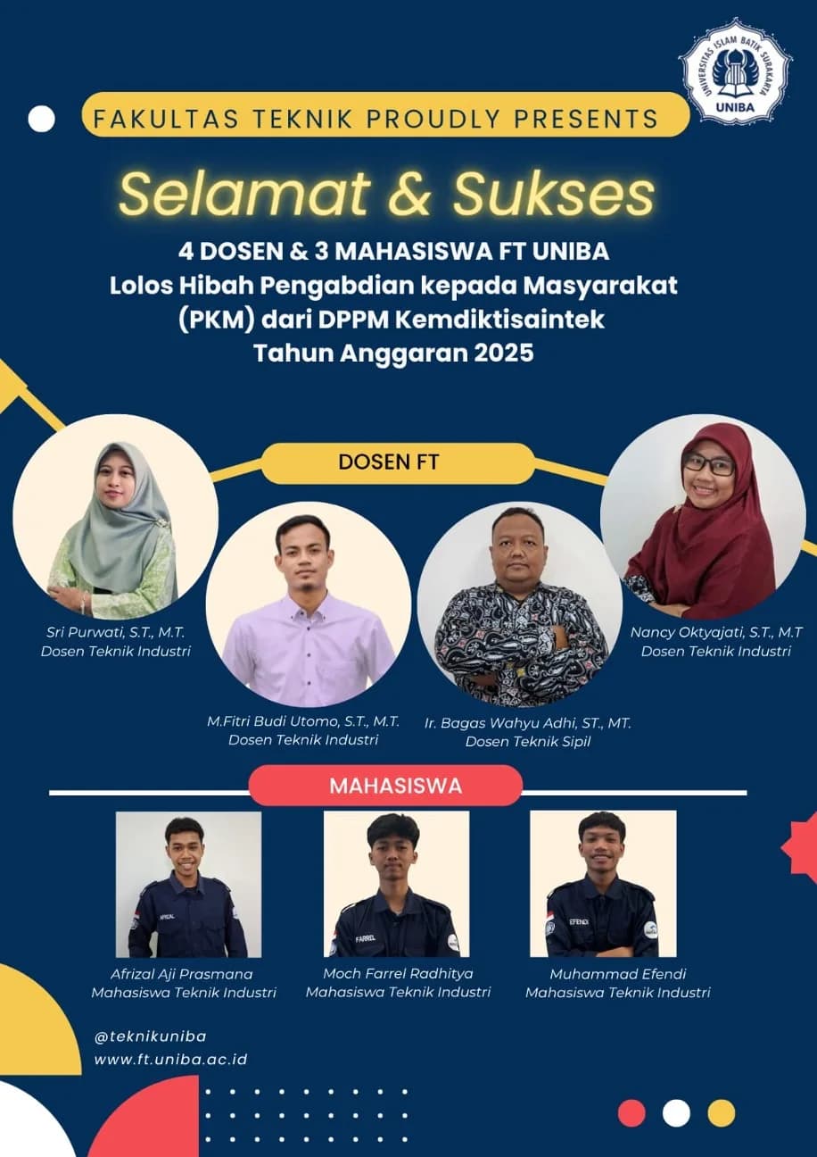 4 DOSEN DAN 3 MAHASISWA FT UNIBA LOLOS HIBAH PKM DPPM KEMDIKTISAINTEK TAHUN ANGGARAN 2025