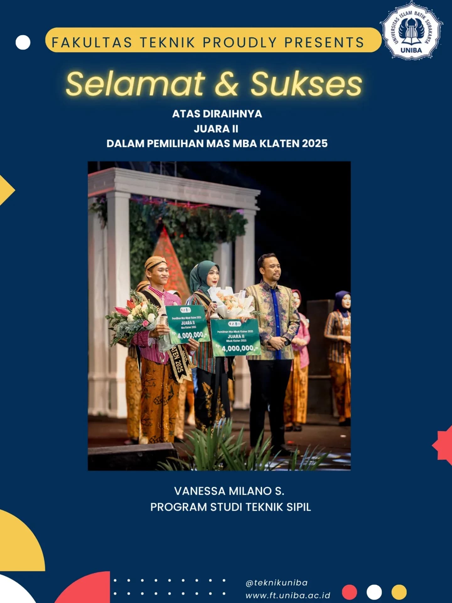 Mahasiswa Program Studi Teknik Sipil berhasil meraih Juara II dalam Pemilihan Mas MBA Klaten 2025