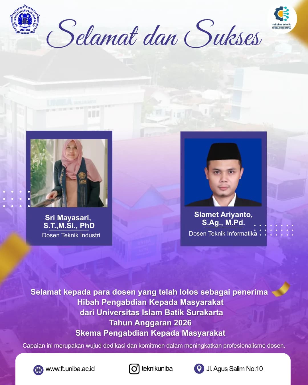 Dua Dosen Fakultas Teknik UNIBA Surakarta Lolos Hibah Pengabdian kepada Masyarakat Tahun Anggaran 2026