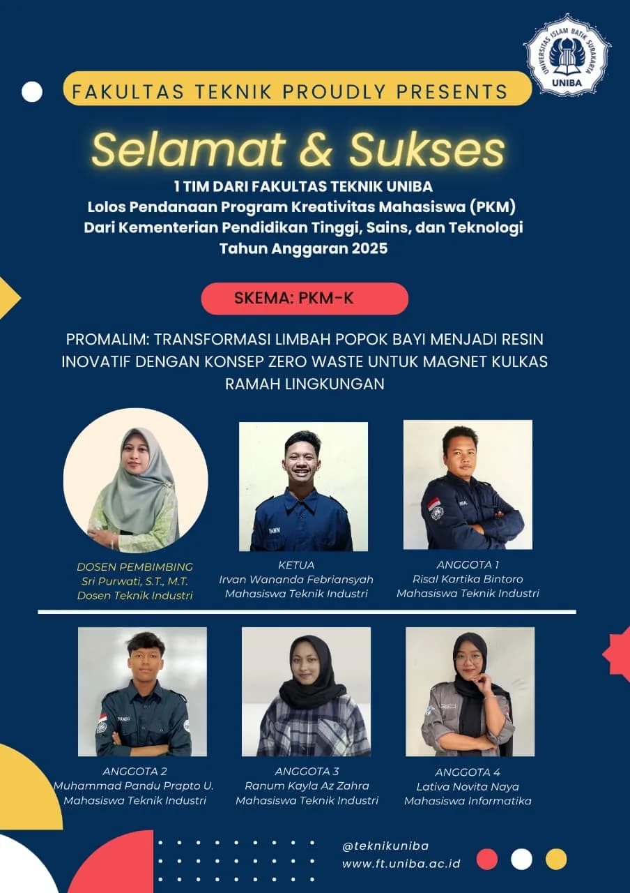 TIM dari Fakultas Teknik UNIBA berhasil lolos pendanaan Program Kreativitas Mahasiswa (PKM) Tahun Anggaran 2025 dari Kementerian Pendidikan Tinggi, Sains, dan Teknologi