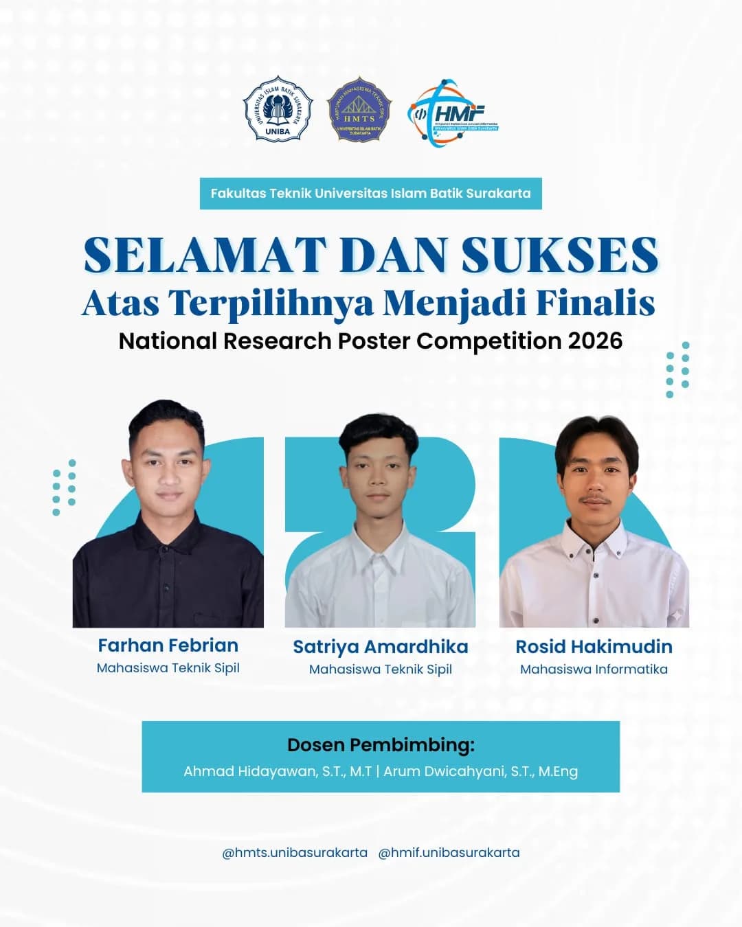 MAHASISWA TEKNIK SIPIL UNIBA SURAKARTA LOLOS FINAL NATIONAL RESEARCH POSTER COMPETITION 2026