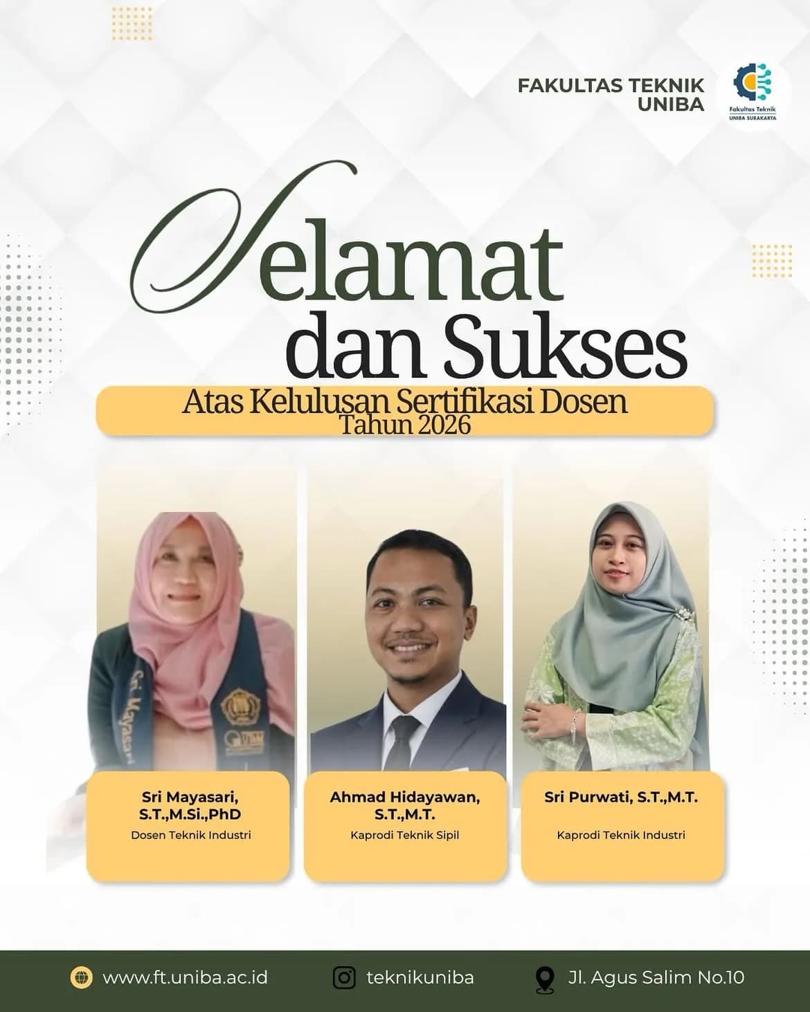 Fakultas Teknik UNIBA Surakarta Sampaikan Selamat dan Sukses atas Kelulusan Sertifikasi Dosen Teknik Tahun 2026